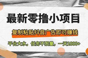 最新零撸小项目，复制粘贴抖音广告即可赚钱，平台大水，任务不限量，一